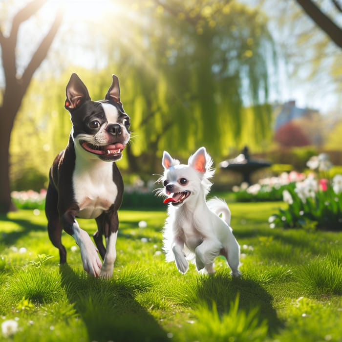 Boston Terrier Playing with White Miniature Pinscher in Grassy Park