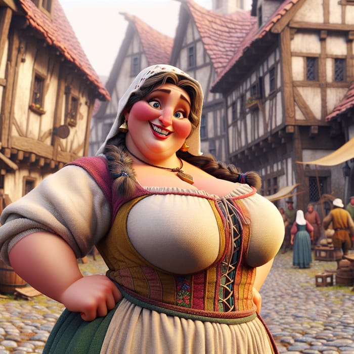 Cheerful Big Breasted Woman Smiles in Medieval Village | Pixar Style
