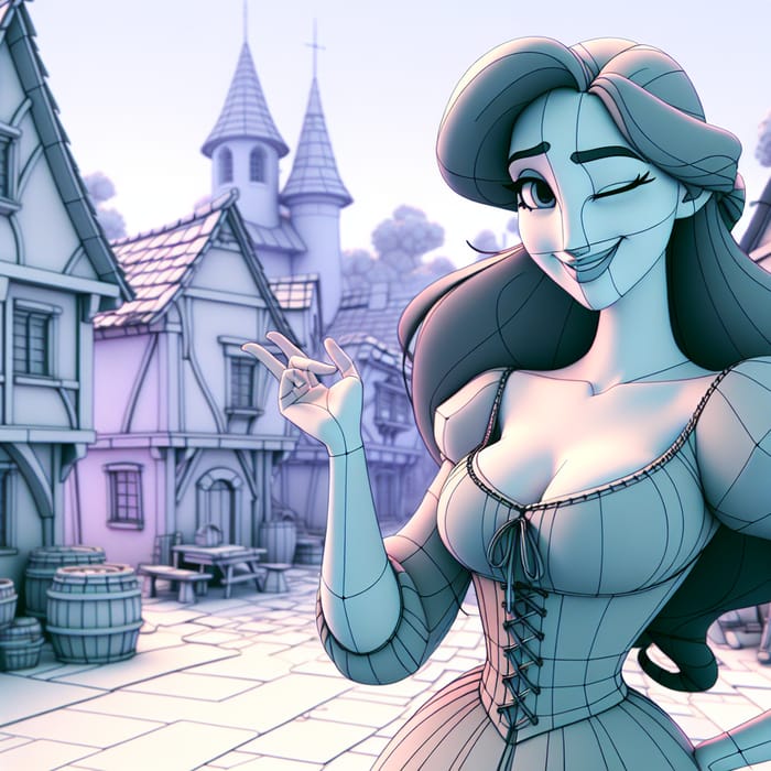 Beautiful Woman Winking in Medieval Village - Pixar Style