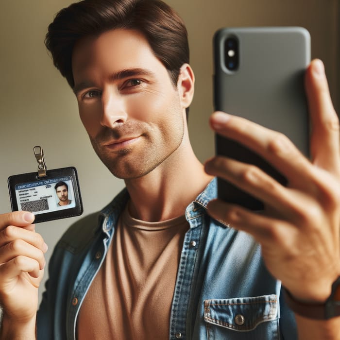 Caucasian Male Holding ID and Taking Selfie Simultaneously