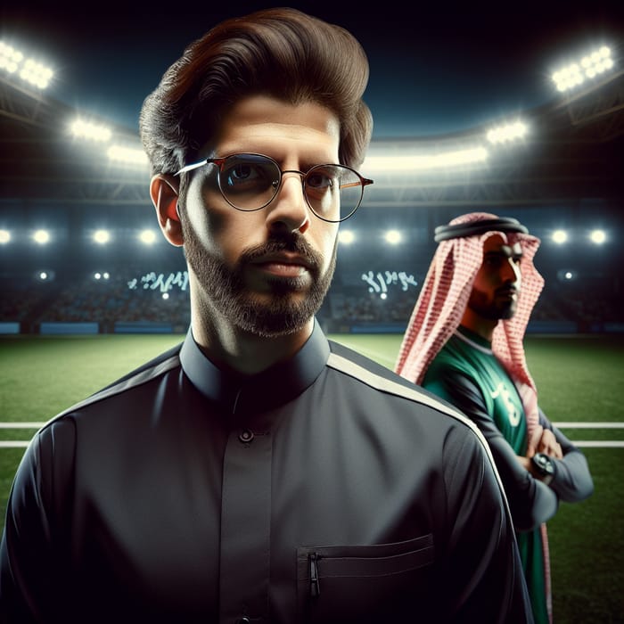 Saudi Football Coach on Field in Modern Photographic Style | Unique Sporting Vibe