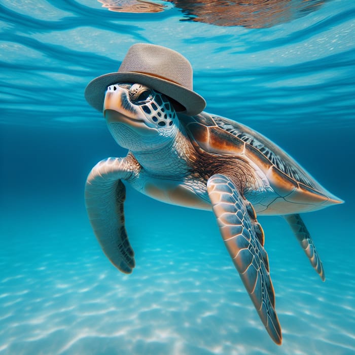 Turtle with Hat Swimming in Ocean