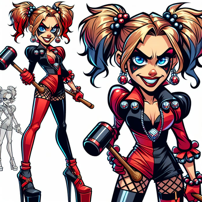 Daring Black and Red Harley Quinn Inspired Woman with Mallet