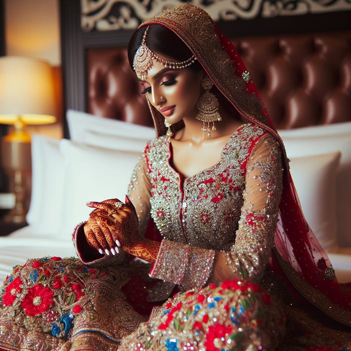 Elegant South Asian Bride Sitting on Bed in Red and Gold Wedding Attire
