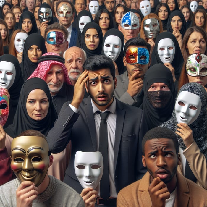 Masked Crowd Encircling Man - Unveiling Personalities