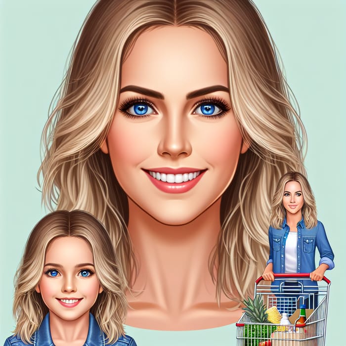 Attractive Blonde Woman Shopping with Daughter at Supermarket