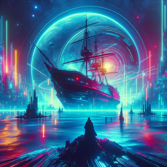 Mysterious Neon Ship in Vibrant Futuristic Seascape