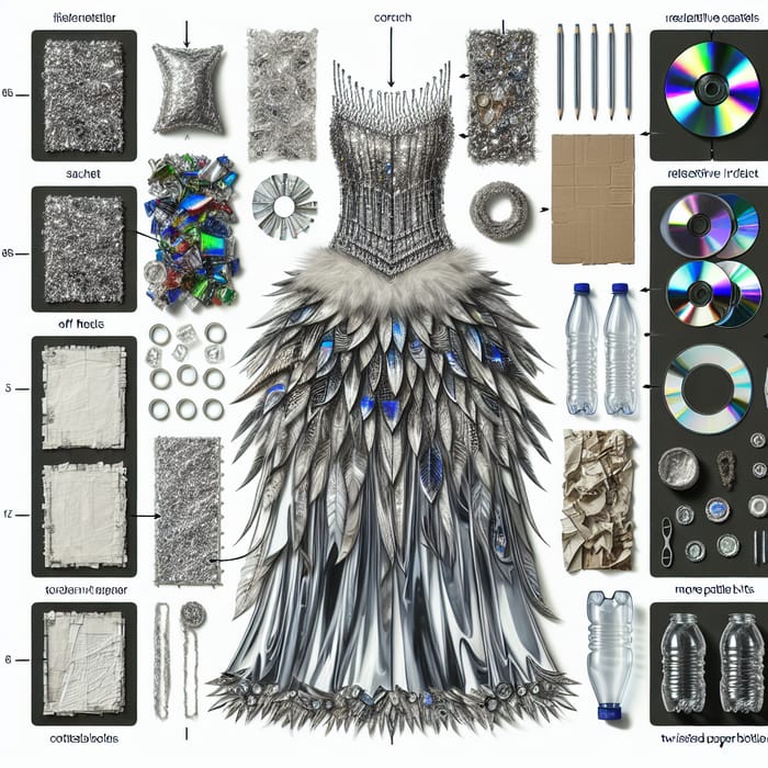 Innovative Trashion Show Dress: Silver Sachets, Feathers