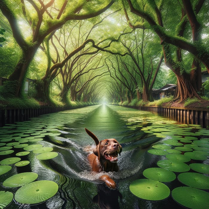 Brown Labrador Swimming in Serene Lily Pad Canal Scene