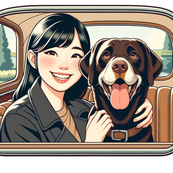 Family-Friendly Animated Poster of Girl with Labrador in Vintage Car