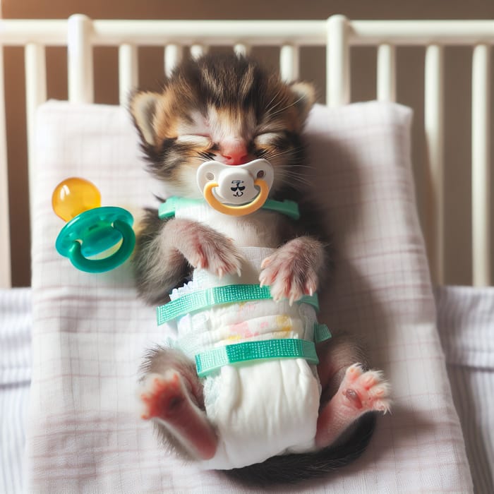 Cute Baby Kitten Sleeping in Crib with Diapers and Pacifier