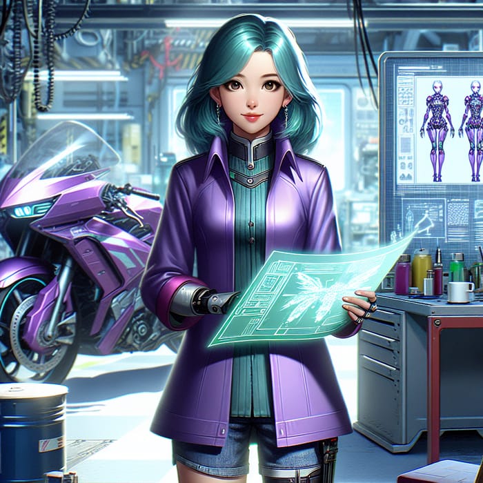 Futuristic Teal-Haired Scientist | Purple Outfit