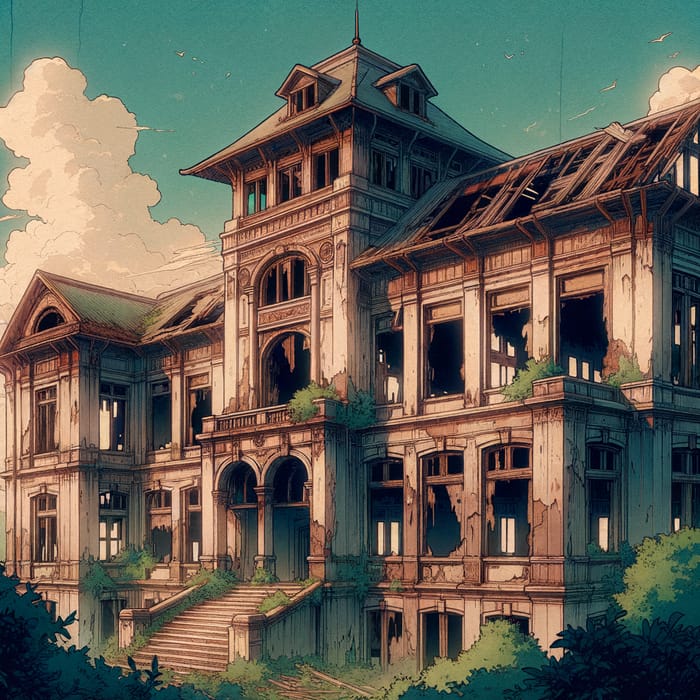 Vintage Anime Style Abandoned Edifice with Aesthetic Appeal