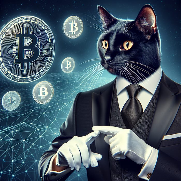 Realism Black Business Cat with White Gloves and Suit | Cryptocurrency Hustler