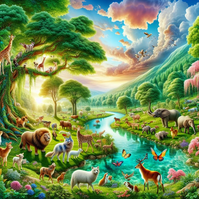 Whimsical Animals in Enchanting Green Meadow | Nature's Splendor