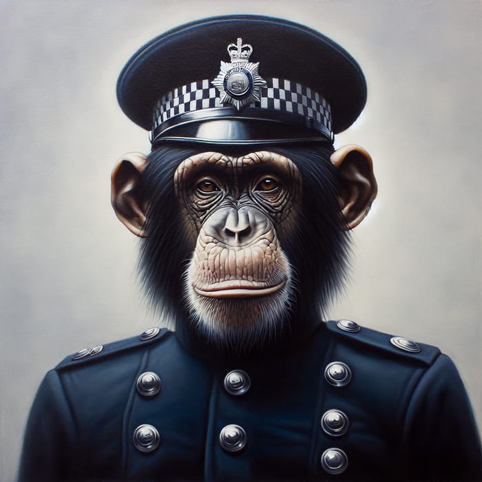 Chimpanzee in Police Uniform Portrait