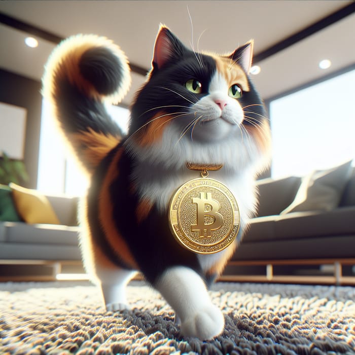 Calico Cat with Bitcoin Medal Prancing in Modern Living Room