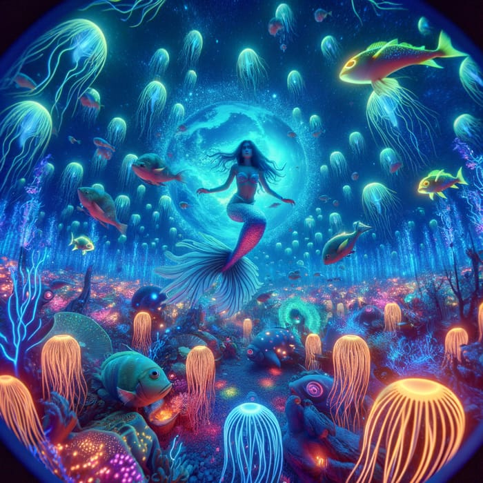 Vibrant Underwater Fantasy: Mermaid Surrounded by Bioluminescent Creatures
