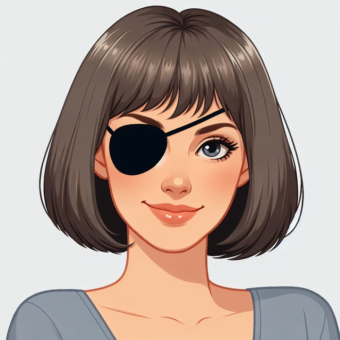 Caucasian Woman Smiling with Eyepatch and Bob Haircut