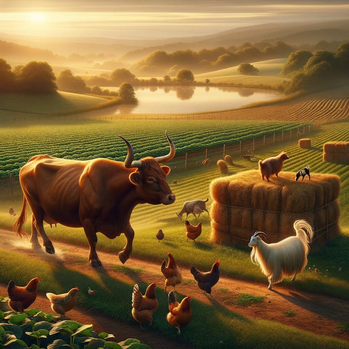 Picturesque Farmland Landscape with Cow, Goat, Hens and Fish