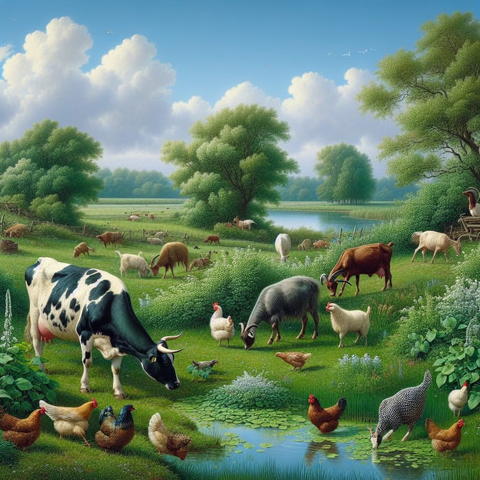 Tranquil Farmland Landscape with Cow, Goat, Hens, and Fish