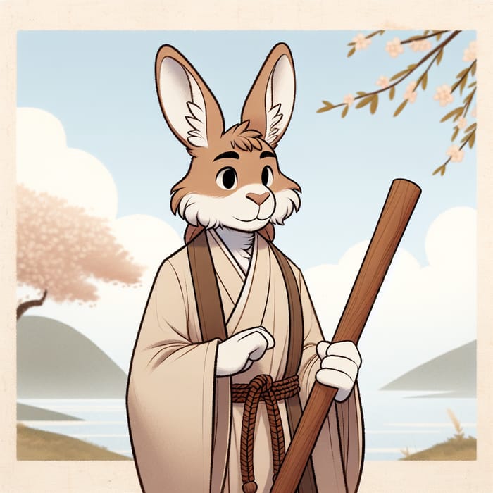 Anthropomorphic Monk Rabbit - Tranquil Cherry Blossom Landscape