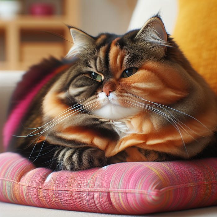 Chubby Calico Cat Relaxing on Soft Cushion