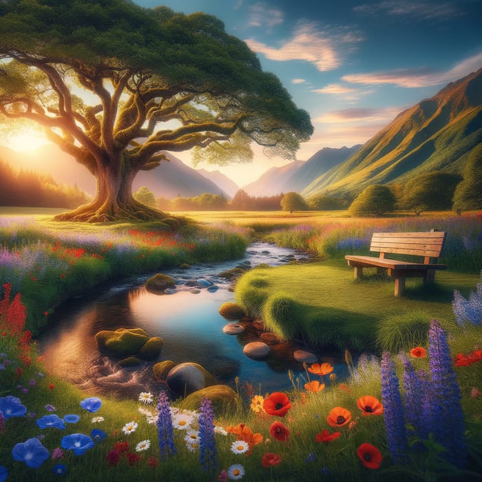 Serene Meadow and Majestic Oak Tree | Peaceful Landscape View | AI Art ...