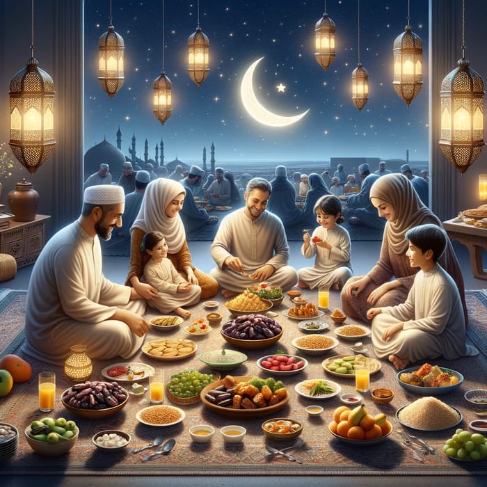 Ramadan Evening: Family Iftar Gathering with Crescent Moon and Stars