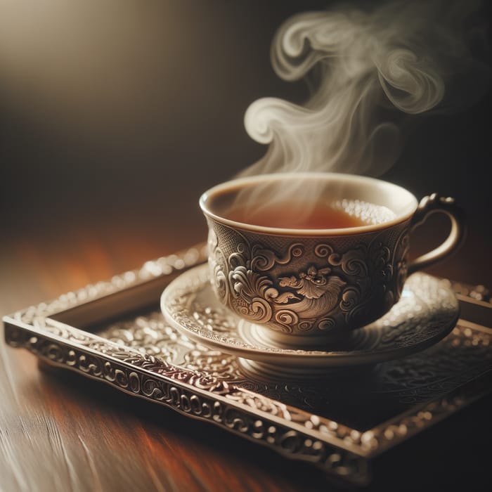 Hot Cup of Tea with Gentle Steam on Ornate Tray
