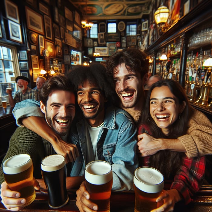 Four Friends Embracing in Vibrant Irish Pub Atmosphere