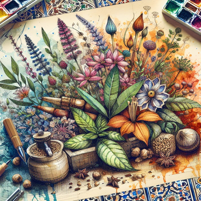 Moroccan Medicinal and Aromatic Plants Art: Vibrant Nature-Inspired Painting