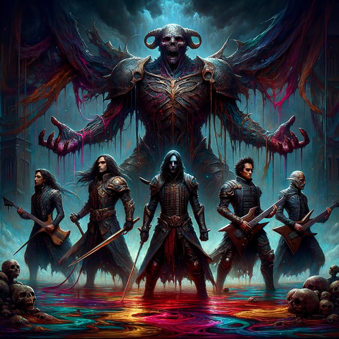 Dark Gothic Medieval Fantasy Album Cover with Multicultural Metal Musicians Confronting Menacing Villain