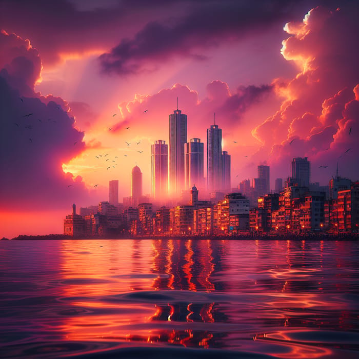 Spectacular Sunset Cityscape Over Sparkling Sea