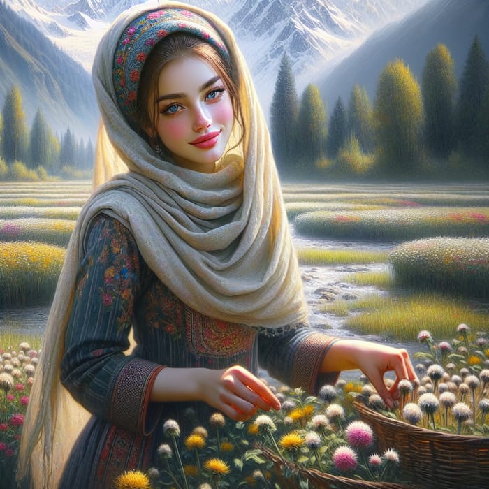 Stunning 4K Oil Painting of a Teenage Kashmiri Girl in Verdant Field