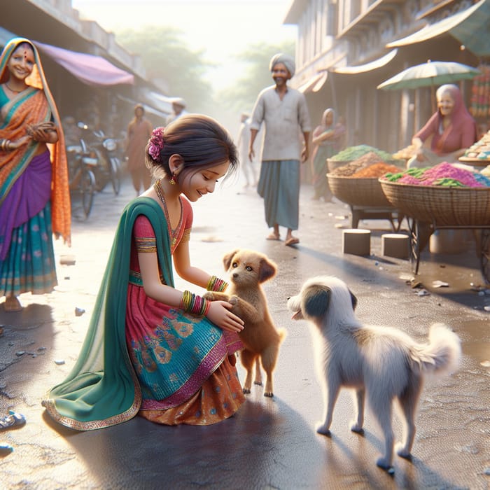 Heartwarming 3D Image: Indian Girl Embracing Street Dog on Market Road