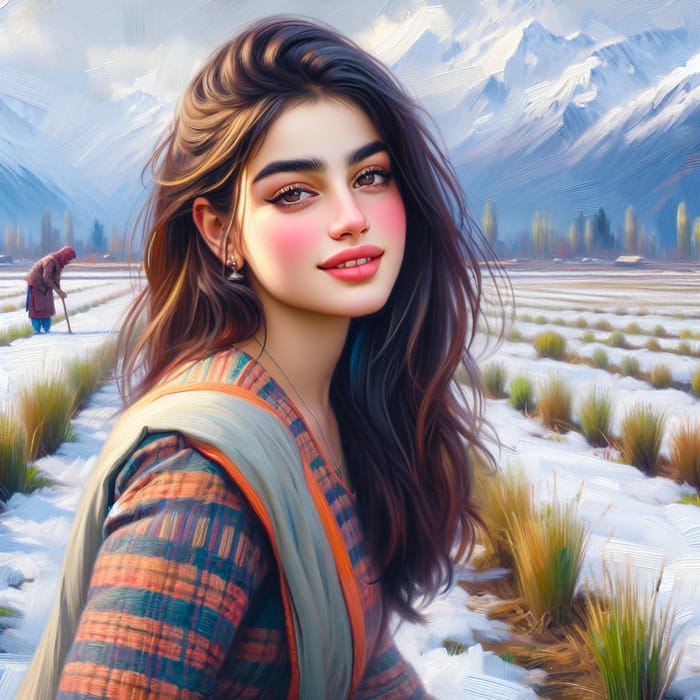Beautiful Kashmiri Girl Oil Painting | Snow-clad Himalayas View