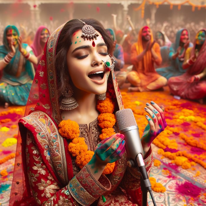 Vibrant Holi Festival: Traditional Indian Attire & Devotional Songs