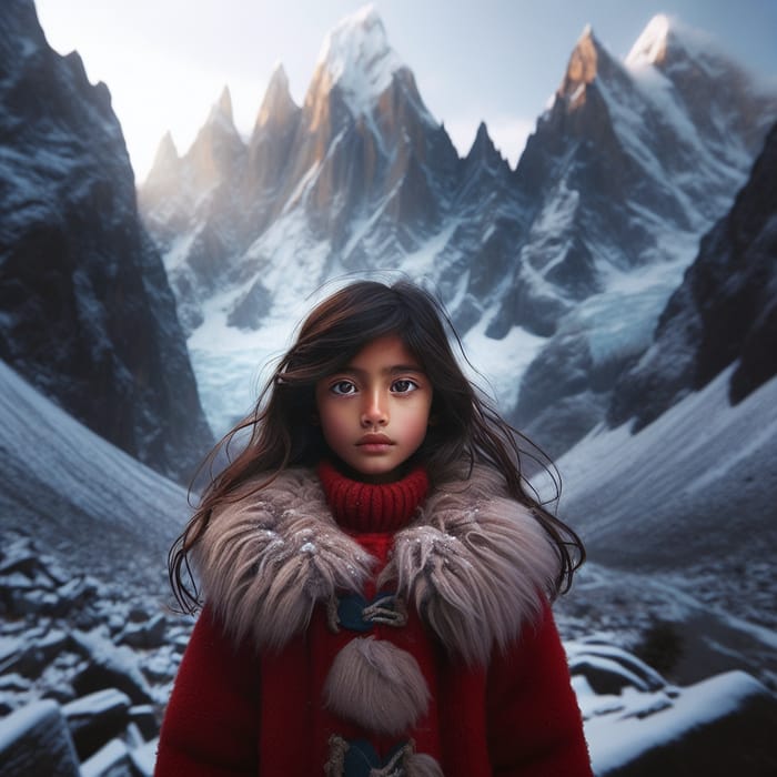 Young Girl in Coat on Snowy Mountain