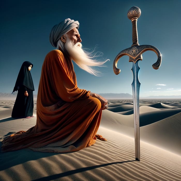 Remote Sandy Landscape with Zulfiqar Sword, Elderly Man, and Girl in Black Hijab