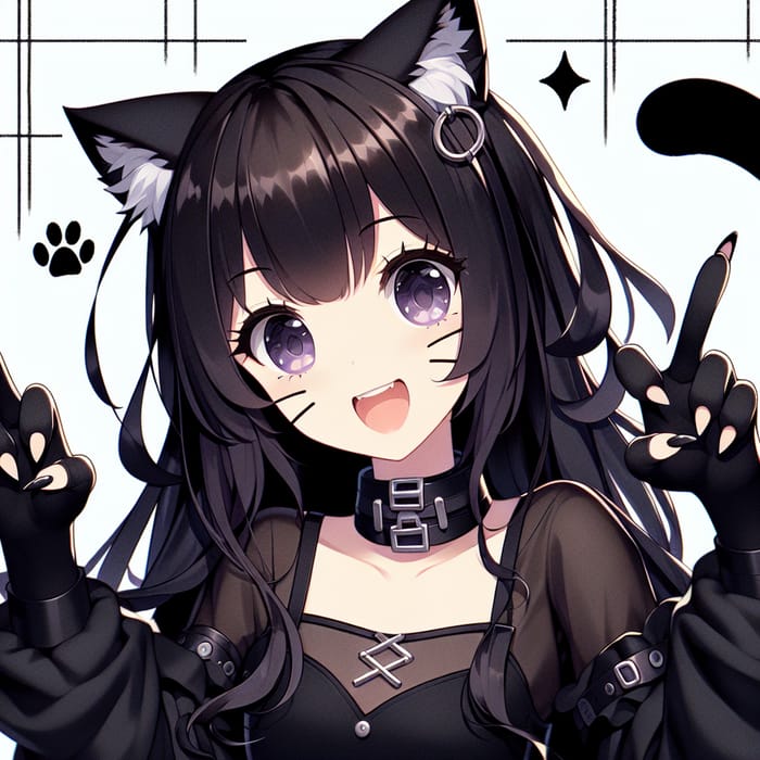 Cute Anime Cat Girl in Black Costume with Long Hair, AI Art Generator