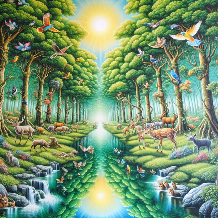 Lush Nature Mural Depicting Forest Wildlife Harmony