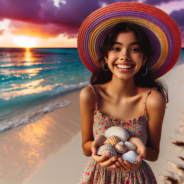 Beach Sunset: Happy Girl Enjoying Seashells