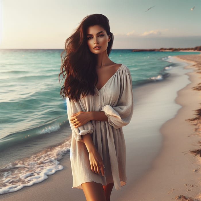 Beautiful Girl Next to Tranquil Beach Sunset