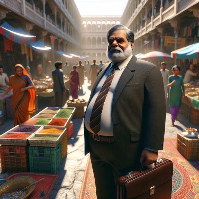 Elderly Indian Businessman in Colorful Marketplace - Vibrant Scene