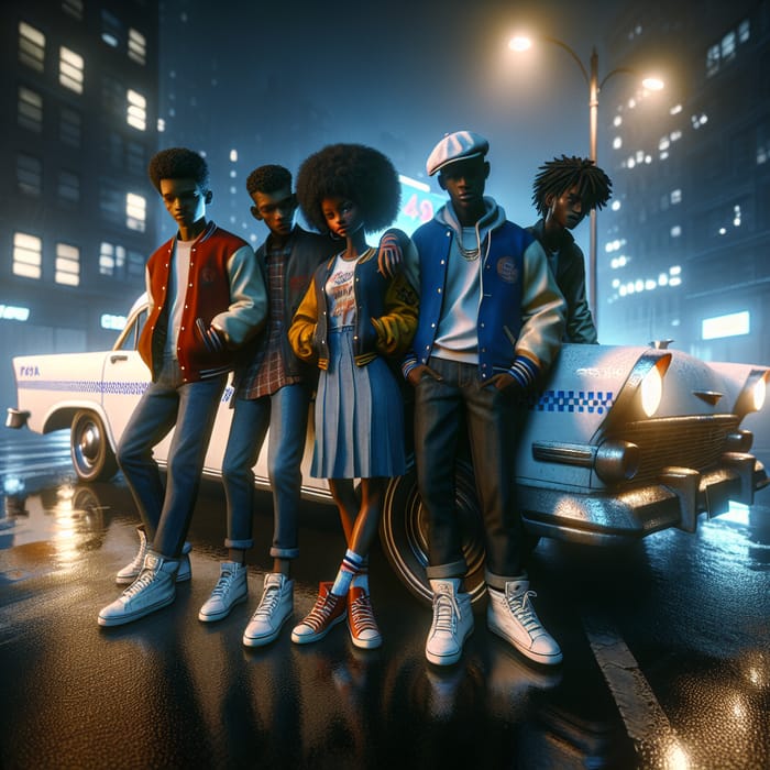 Moody Urban Teenagers Near Vintage Taxi: City Lights Night Scene
