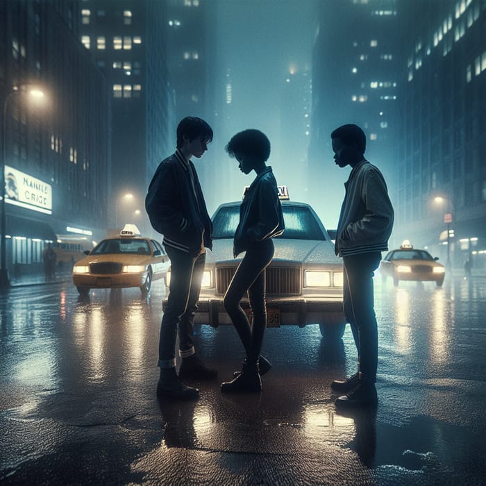Moody Urban Portrayal: Black Teens by Taxi Cab on Rainy Night