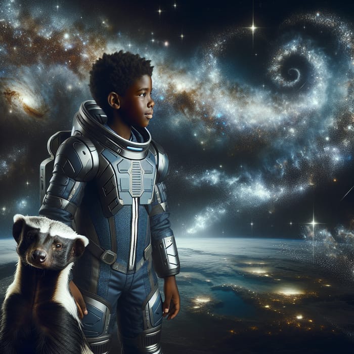 Courageous 13-Year-Old Black Male Astronaut in Cosmic Journey with Fearless Honey Badger