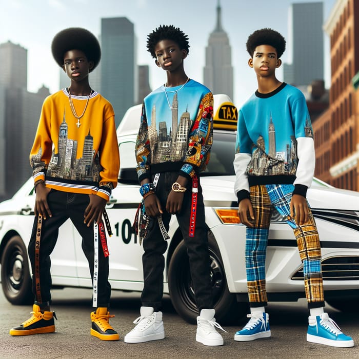 Urban Teenage Fashion: Stylish Black Kids Pose by White and Blue Taxi