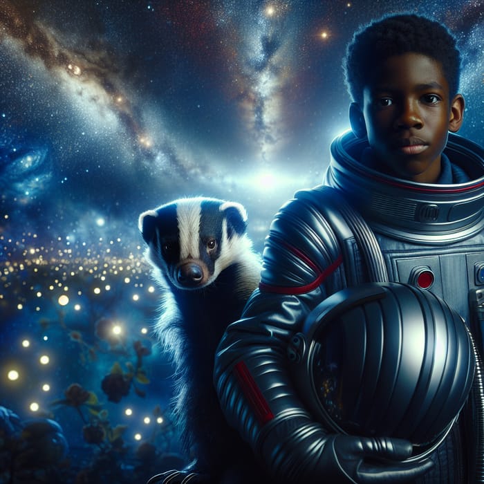 Youthful Black Astronaut & Fearless Honey Badger in Cosmic Adventure